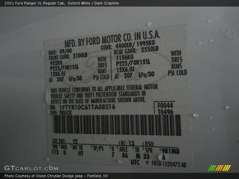 2001 Ranger XL Regular Cab Oxford White Color Code YZ