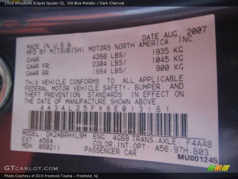 2008 Eclipse Spyder GS Still Blue Metallic Color Code A56