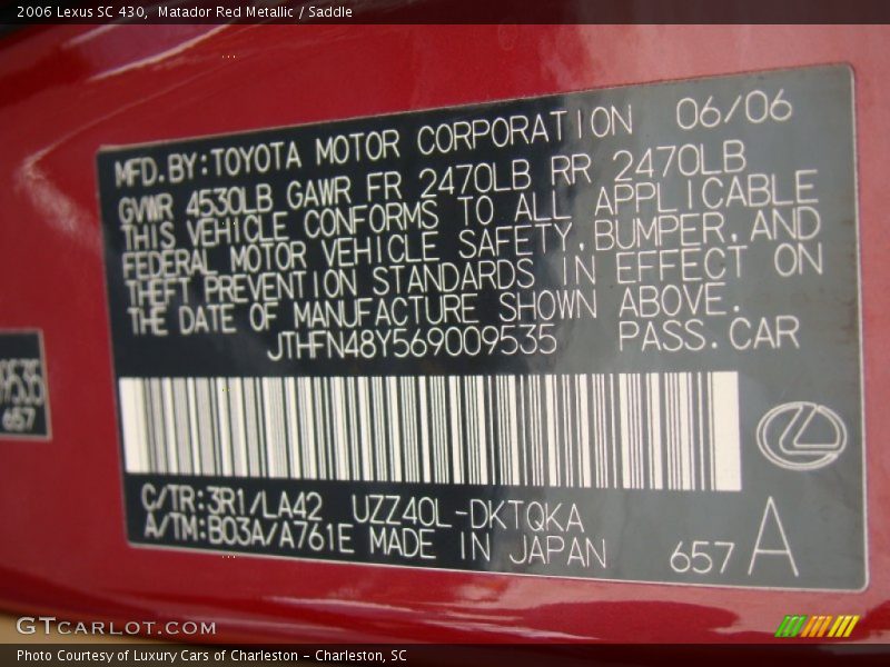 2006 SC 430 Matador Red Metallic Color Code 3R1
