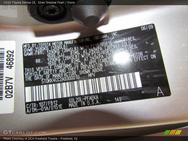 Silver Shadow Pearl / Stone 2010 Toyota Sienna CE