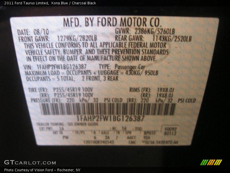 Kona Blue / Charcoal Black 2011 Ford Taurus Limited