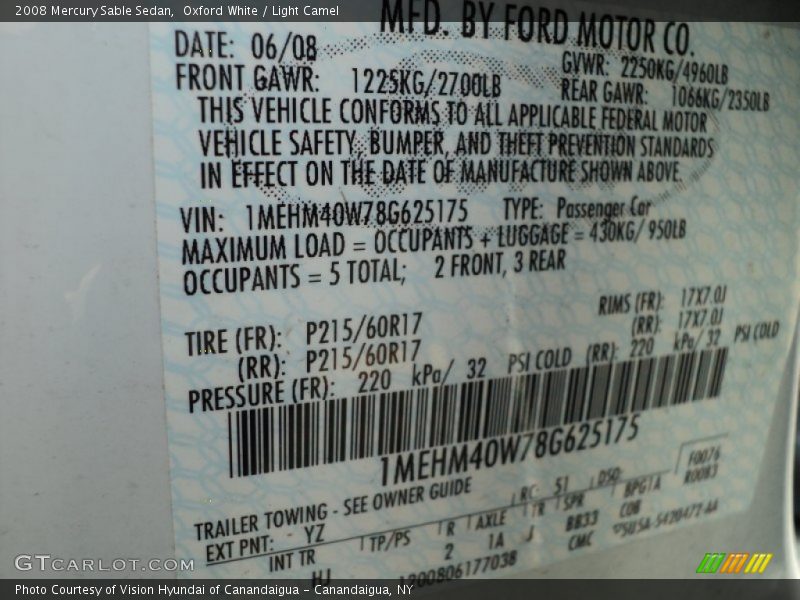 Oxford White / Light Camel 2008 Mercury Sable Sedan