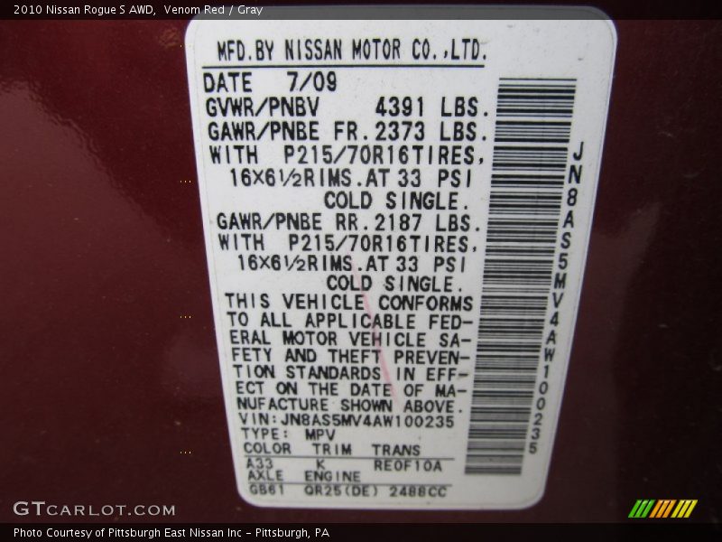 Venom Red / Gray 2010 Nissan Rogue S AWD