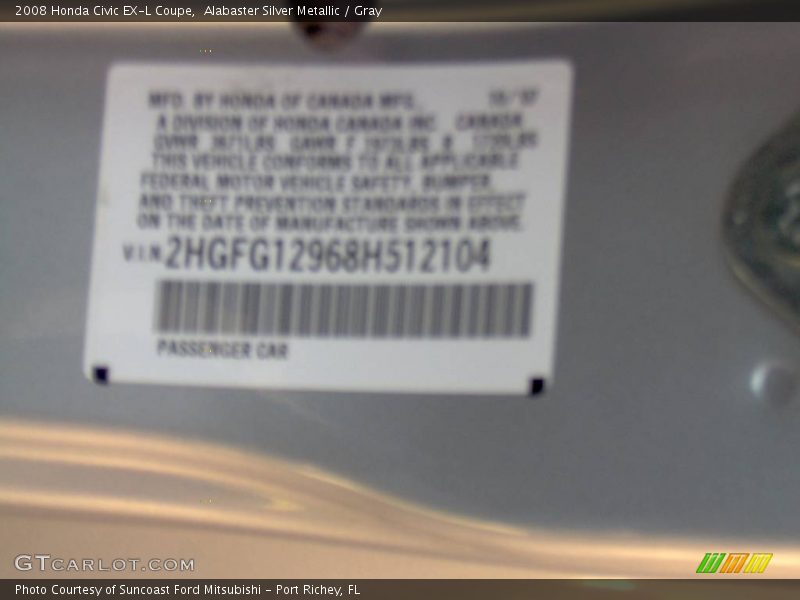 Alabaster Silver Metallic / Gray 2008 Honda Civic EX-L Coupe