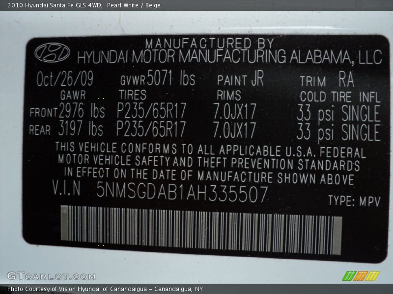 Pearl White / Beige 2010 Hyundai Santa Fe GLS 4WD