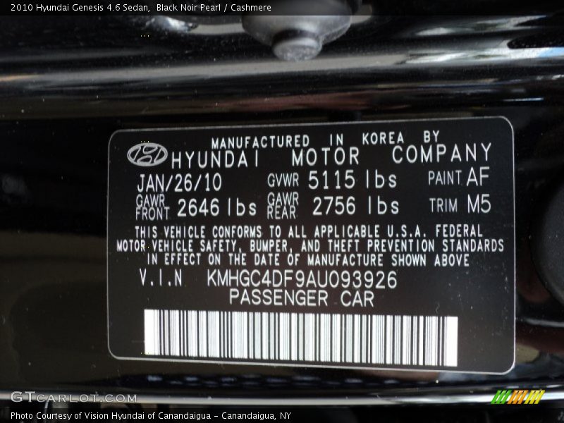 2010 Genesis 4.6 Sedan Black Noir Pearl Color Code AF
