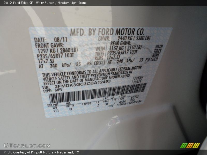 2012 Edge SE White Suede Color Code WS