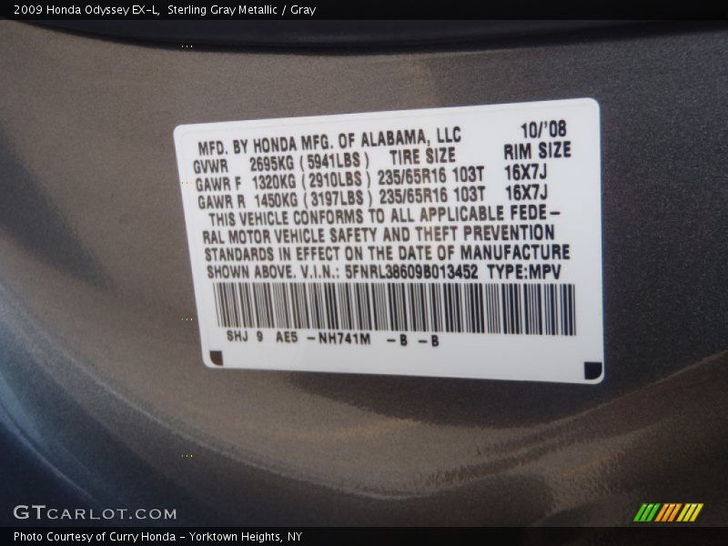 Sterling Gray Metallic / Gray 2009 Honda Odyssey EX-L