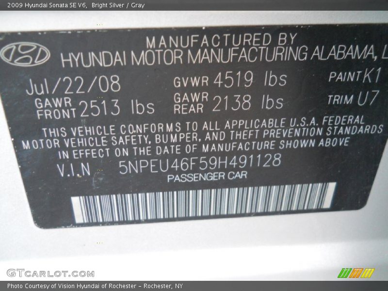 Bright Silver / Gray 2009 Hyundai Sonata SE V6