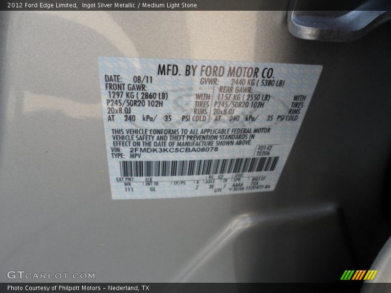 2012 Edge Limited Ingot Silver Metallic Color Code UX
