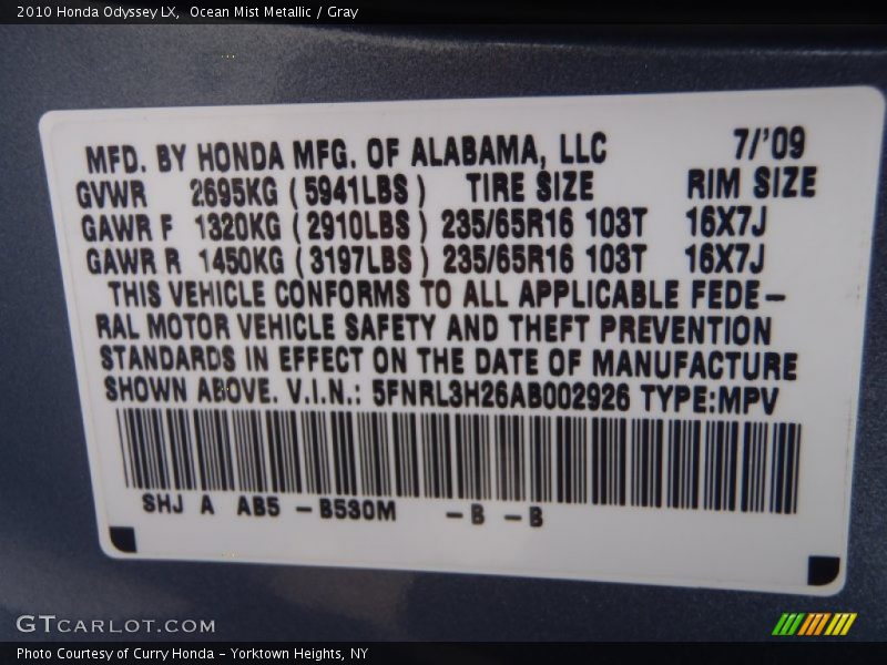 Ocean Mist Metallic / Gray 2010 Honda Odyssey LX