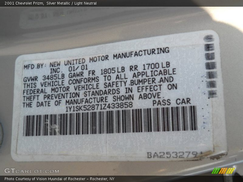 Info Tag of 2001 Prizm 