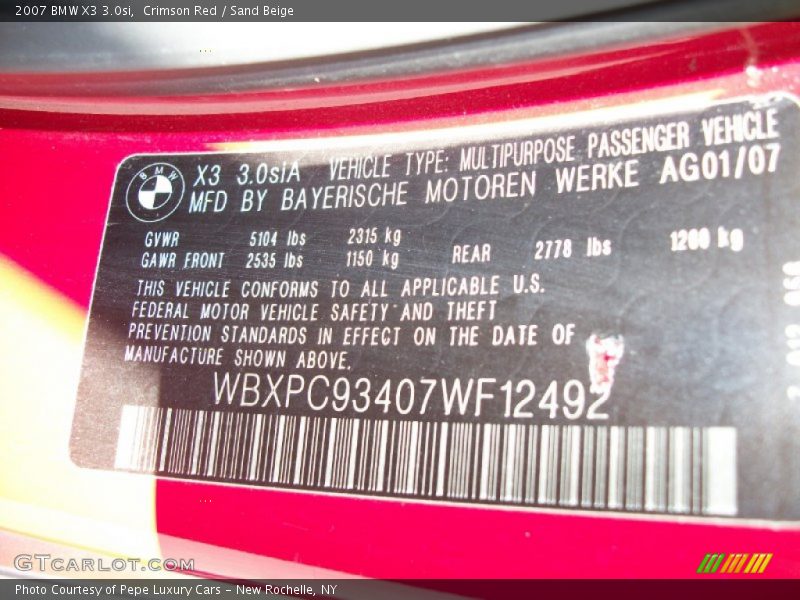 Crimson Red / Sand Beige 2007 BMW X3 3.0si
