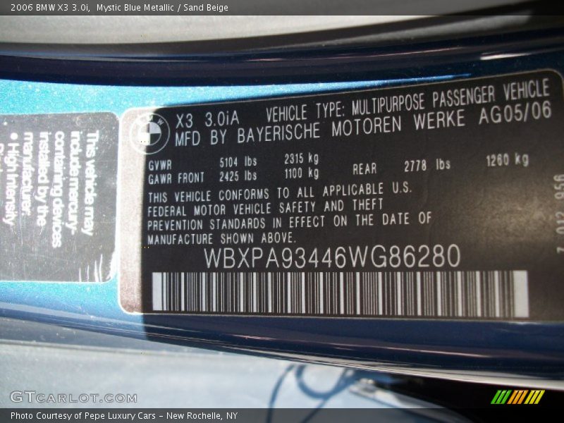 Mystic Blue Metallic / Sand Beige 2006 BMW X3 3.0i