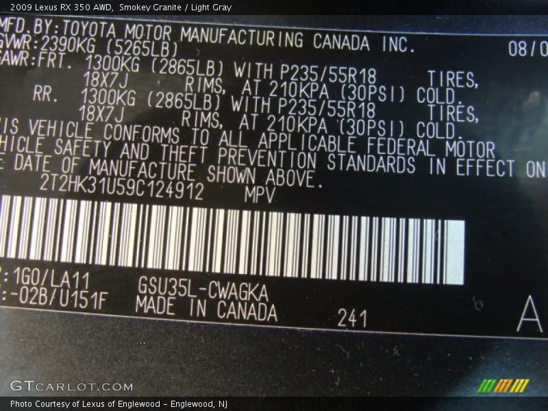 Smokey Granite / Light Gray 2009 Lexus RX 350 AWD