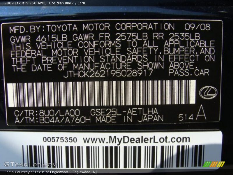 Obsidian Black / Ecru 2009 Lexus IS 250 AWD