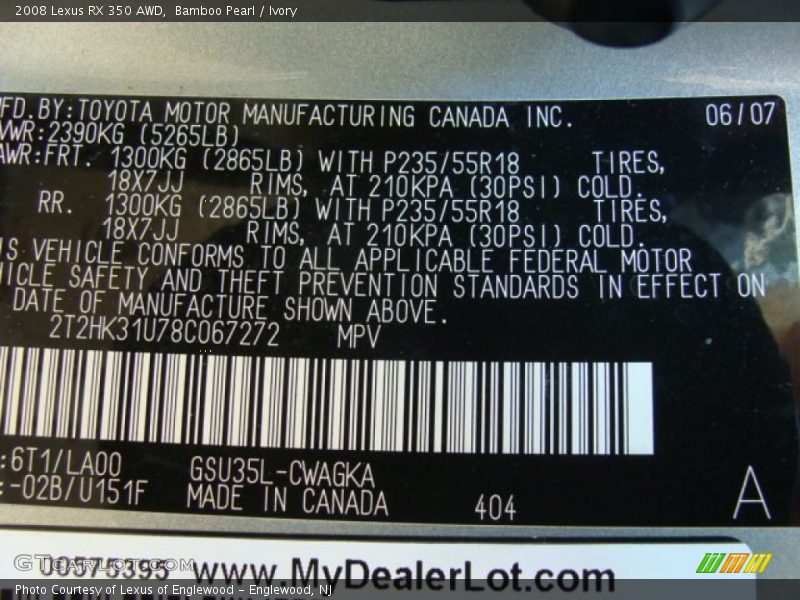 Bamboo Pearl / Ivory 2008 Lexus RX 350 AWD