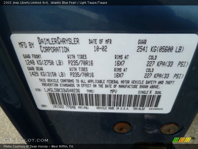 Atlantic Blue Pearl / Light Taupe/Taupe 2003 Jeep Liberty Limited 4x4