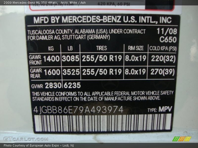 Arctic White / Ash 2009 Mercedes-Benz ML 350 4Matic
