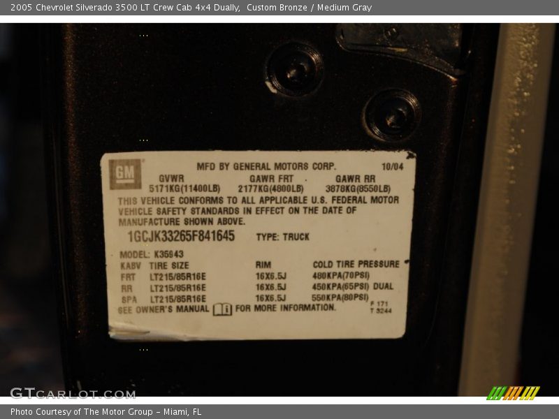 Info Tag of 2005 Silverado 3500 LT Crew Cab 4x4 Dually