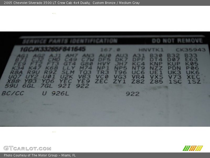 Info Tag of 2005 Silverado 3500 LT Crew Cab 4x4 Dually