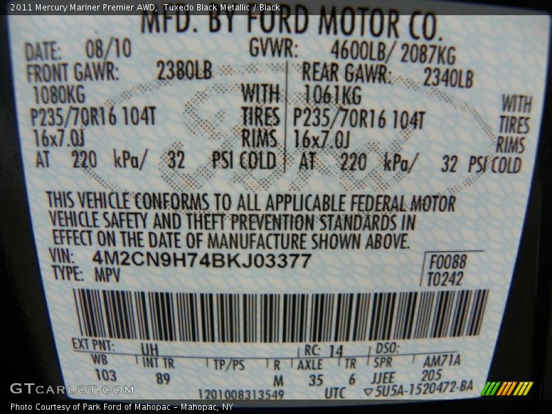 2011 Mariner Premier AWD Tuxedo Black Metallic Color Code UH