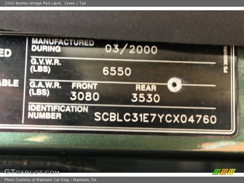 Info Tag of 2000 Arnage Red Label