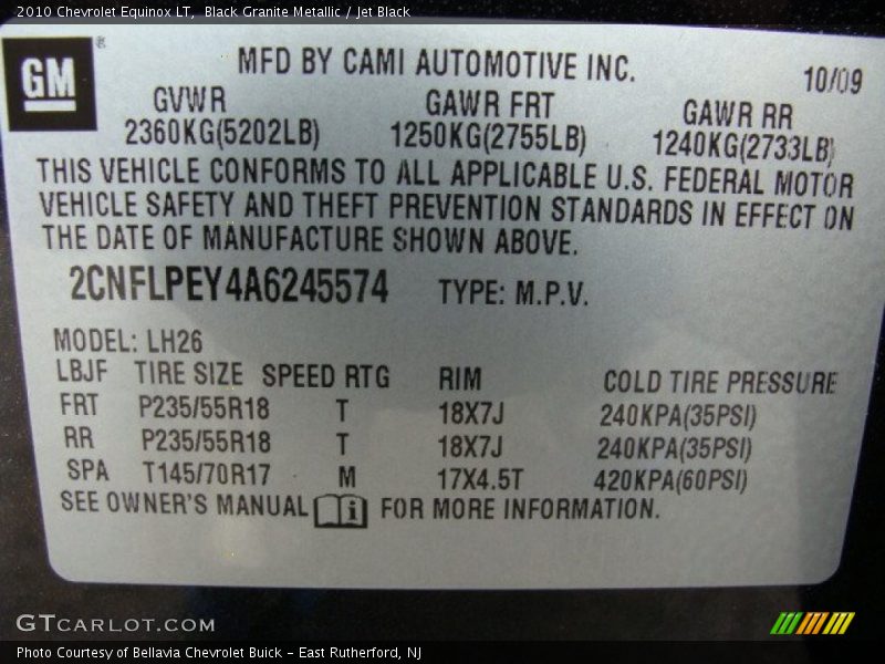 Info Tag of 2010 Equinox LT