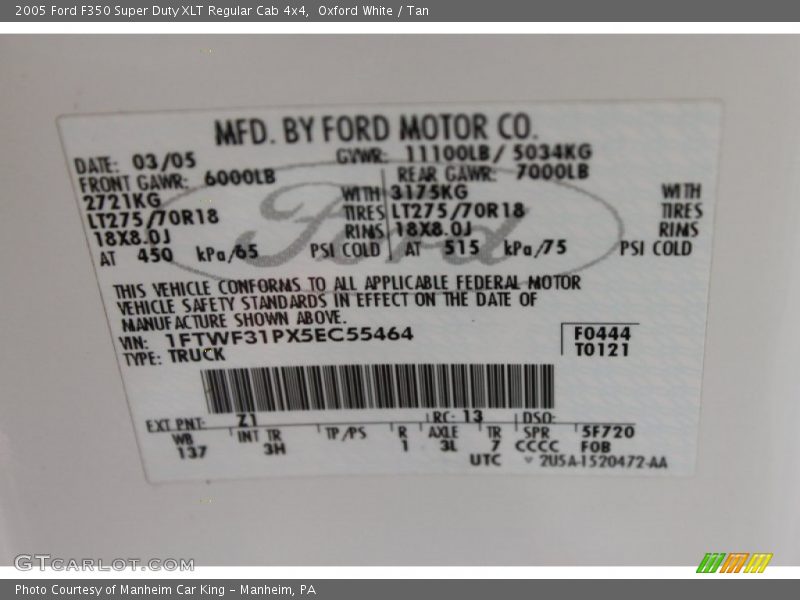 2005 F350 Super Duty XLT Regular Cab 4x4 Oxford White Color Code Z1