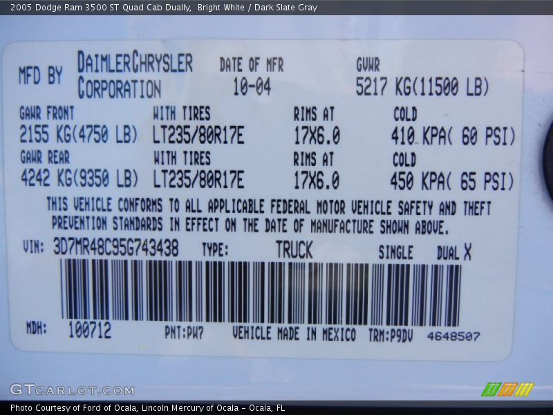 2005 Ram 3500 ST Quad Cab Dually Bright White Color Code PW7