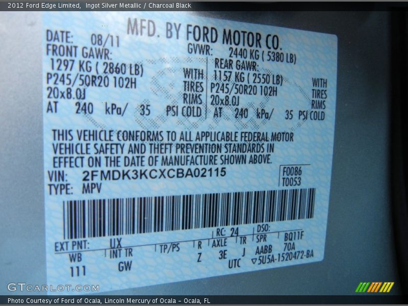 2012 Edge Limited Ingot Silver Metallic Color Code UX