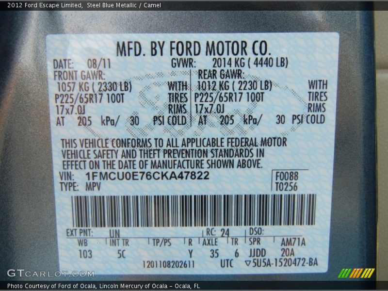 2012 Escape Limited Steel Blue Metallic Color Code UN