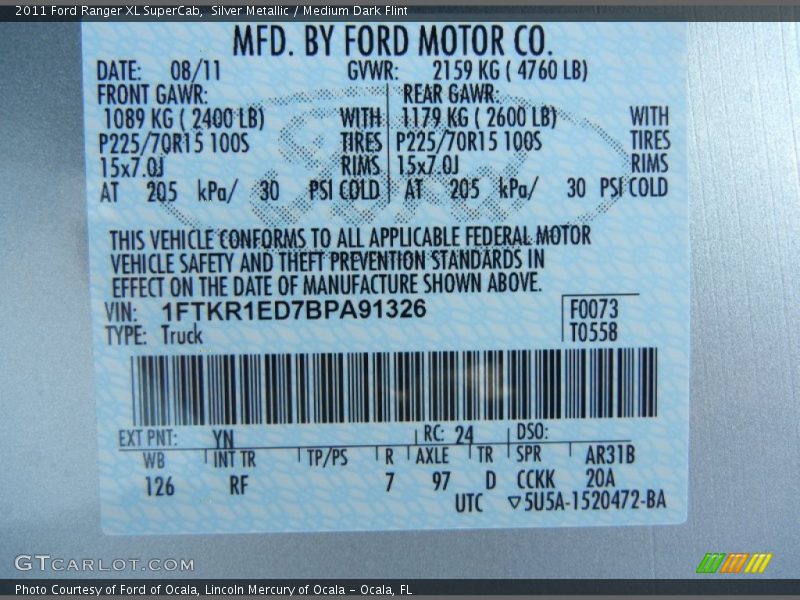 Silver Metallic / Medium Dark Flint 2011 Ford Ranger XL SuperCab