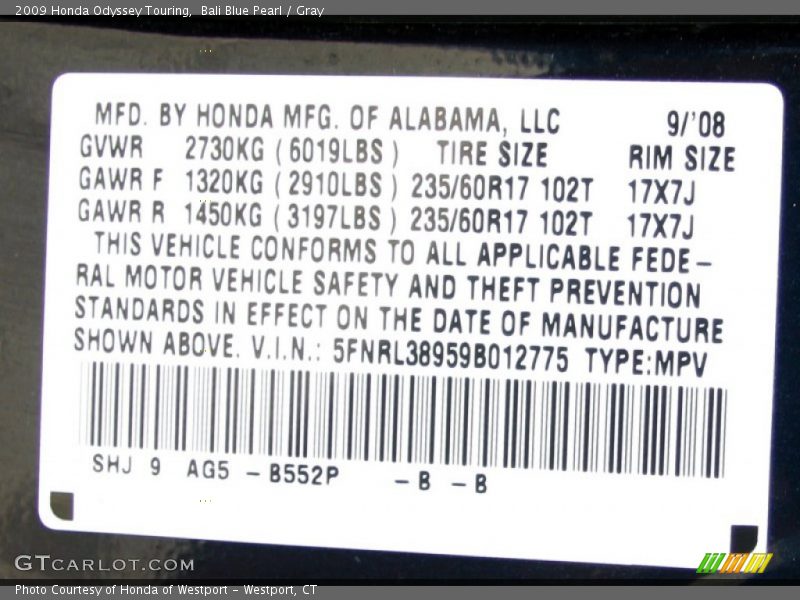 Bali Blue Pearl / Gray 2009 Honda Odyssey Touring