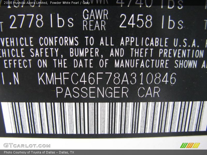 Powder White Pearl / Gray 2008 Hyundai Azera Limited