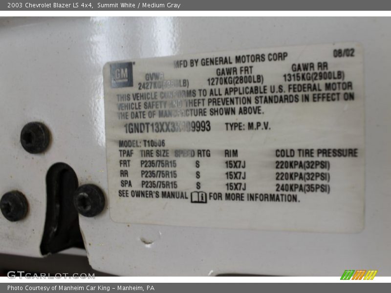 Summit White / Medium Gray 2003 Chevrolet Blazer LS 4x4