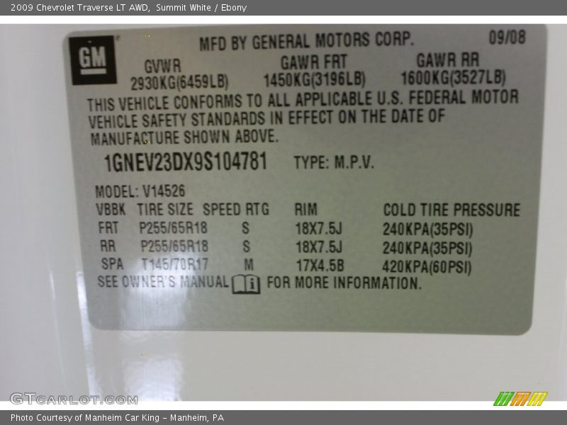 Summit White / Ebony 2009 Chevrolet Traverse LT AWD