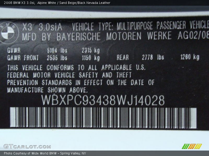 Alpine White / Sand Beige/Black Nevada Leather 2008 BMW X3 3.0si