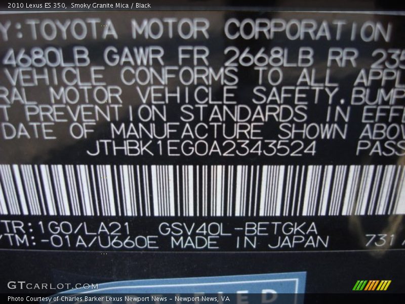 Smoky Granite Mica / Black 2010 Lexus ES 350