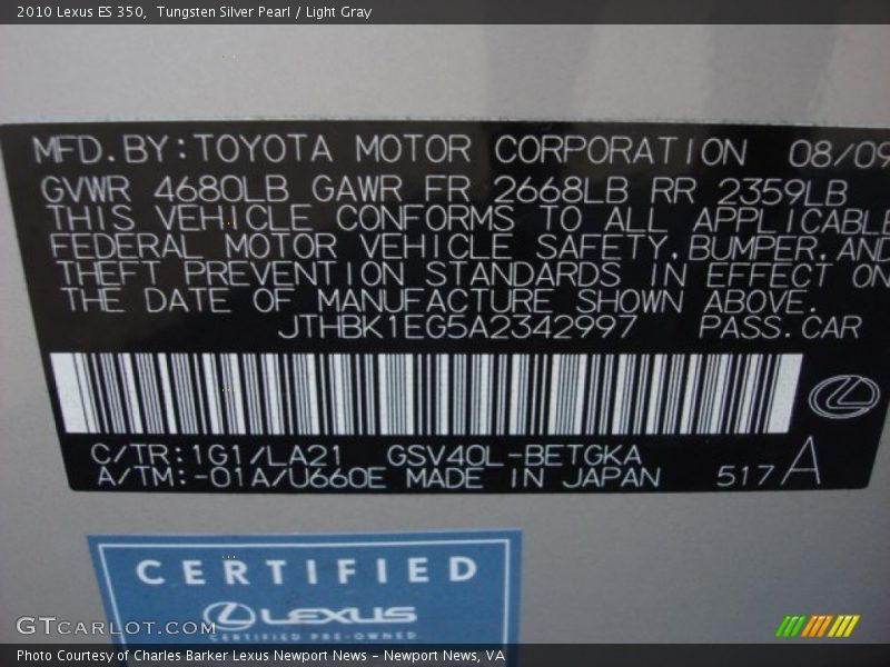 Tungsten Silver Pearl / Light Gray 2010 Lexus ES 350
