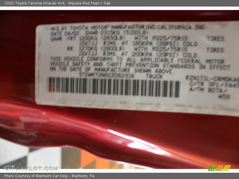 Impulse Red Pearl / Oak 2002 Toyota Tacoma Xtracab 4x4