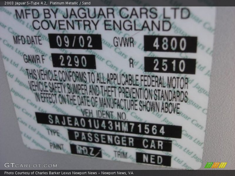2003 S-Type 4.2 Platinum Metallic Color Code MDZ