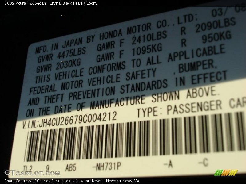 Crystal Black Pearl / Ebony 2009 Acura TSX Sedan