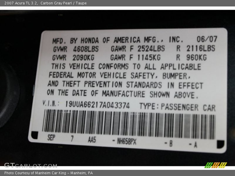 Carbon Gray Pearl / Taupe 2007 Acura TL 3.2