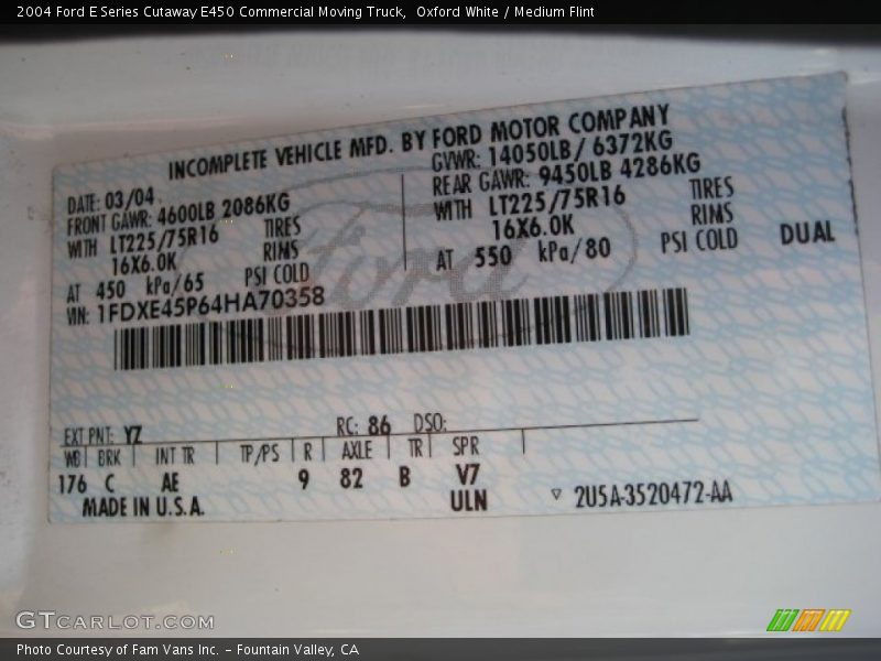 2004 E Series Cutaway E450 Commercial Moving Truck Oxford White Color Code YZ