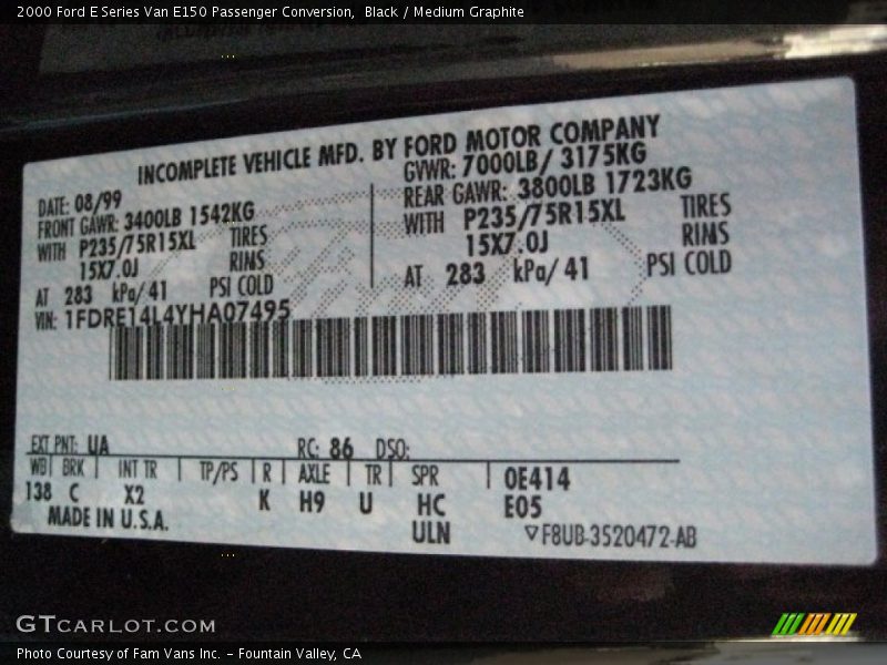 2000 E Series Van E150 Passenger Conversion Black Color Code UA