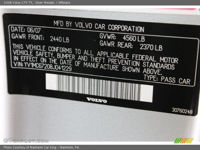 Silver Metallic / Offblack 2008 Volvo C70 T5