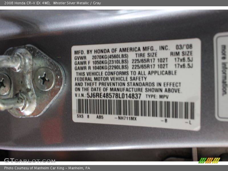 Whistler Silver Metallic / Gray 2008 Honda CR-V EX 4WD
