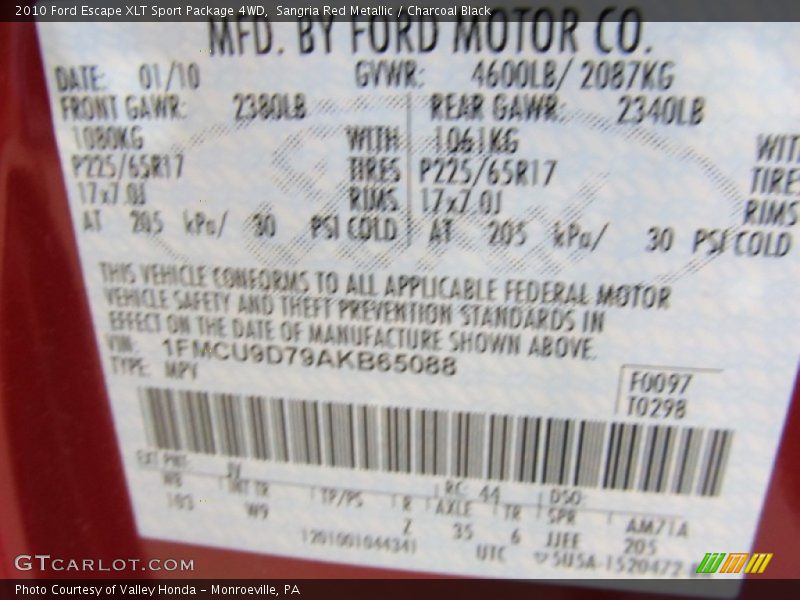 Sangria Red Metallic / Charcoal Black 2010 Ford Escape XLT Sport Package 4WD