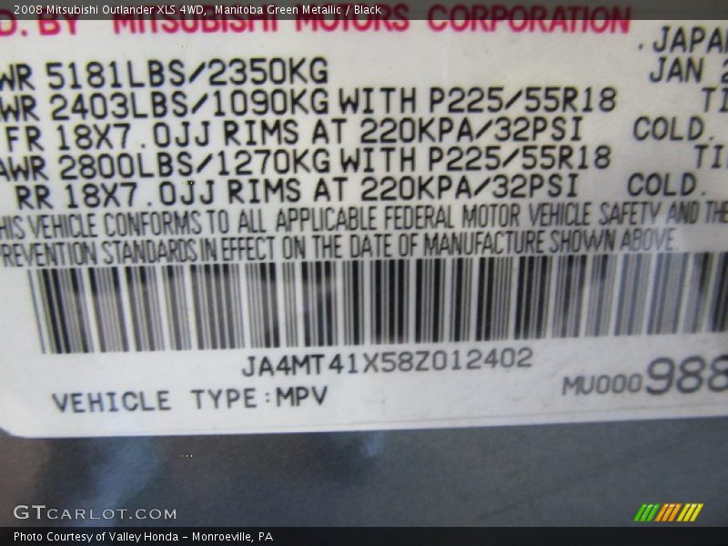 Manitoba Green Metallic / Black 2008 Mitsubishi Outlander XLS 4WD